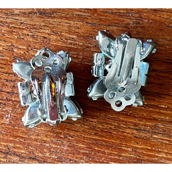 Rhinestone Floral Clip-On Earrings Crystal Clear .75" X 5/8" Elegant Accent - Picture 3 of 5